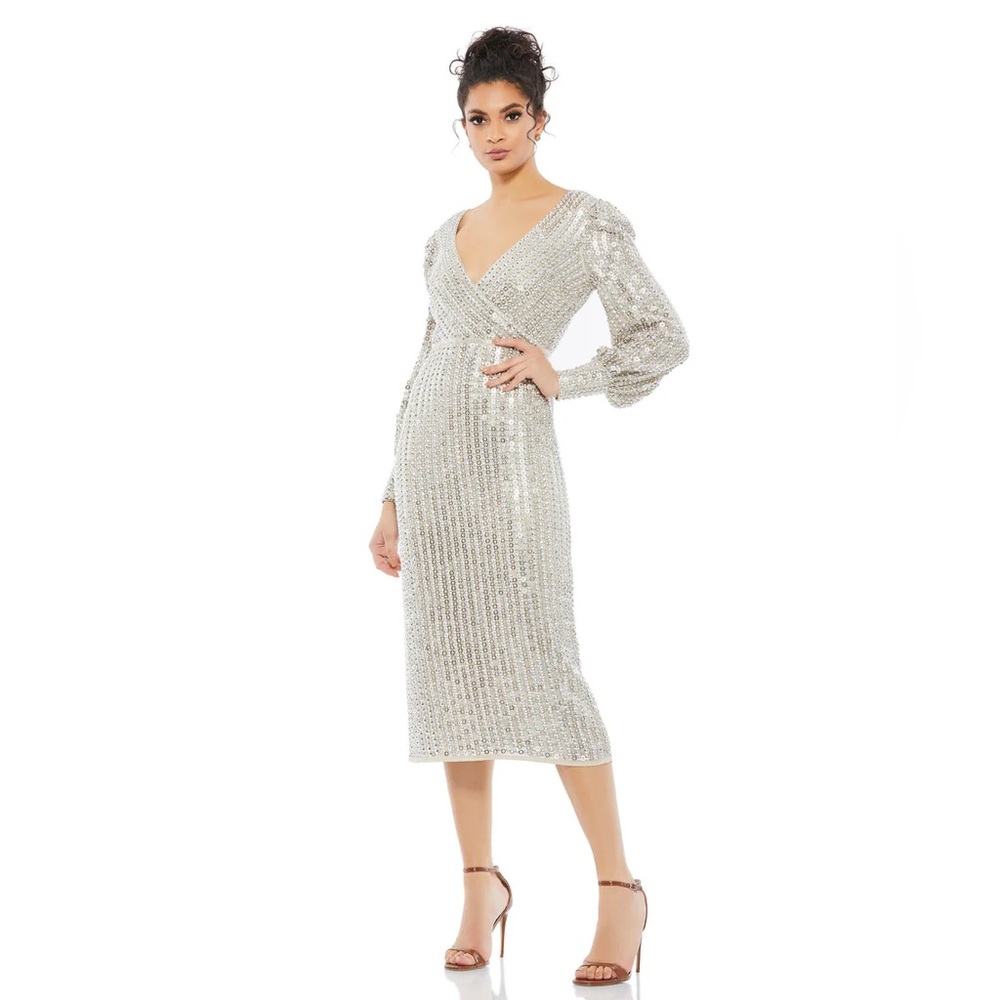 NWT $598 MAC DUGGAL LONG SLEEVE BEADED MIDI DRESS SILVER 10809